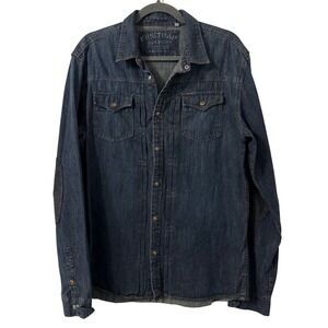 Firetrap Denim Shirt Mens XL Dark Blue Pearl Snap Rare 90s Elbow Patch